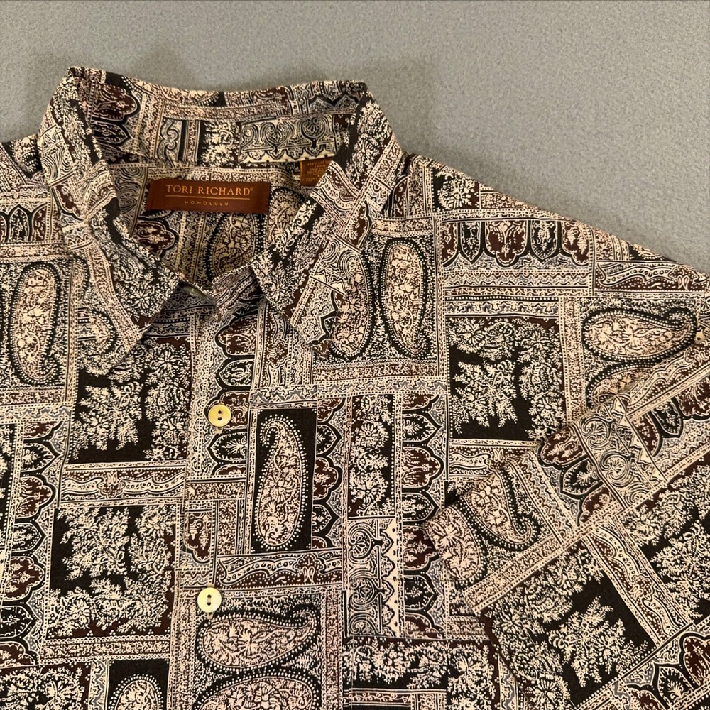 Tori Richard Honolulu Mens Large Paisley Geometric Tile Print Cotton Aloha Shirt